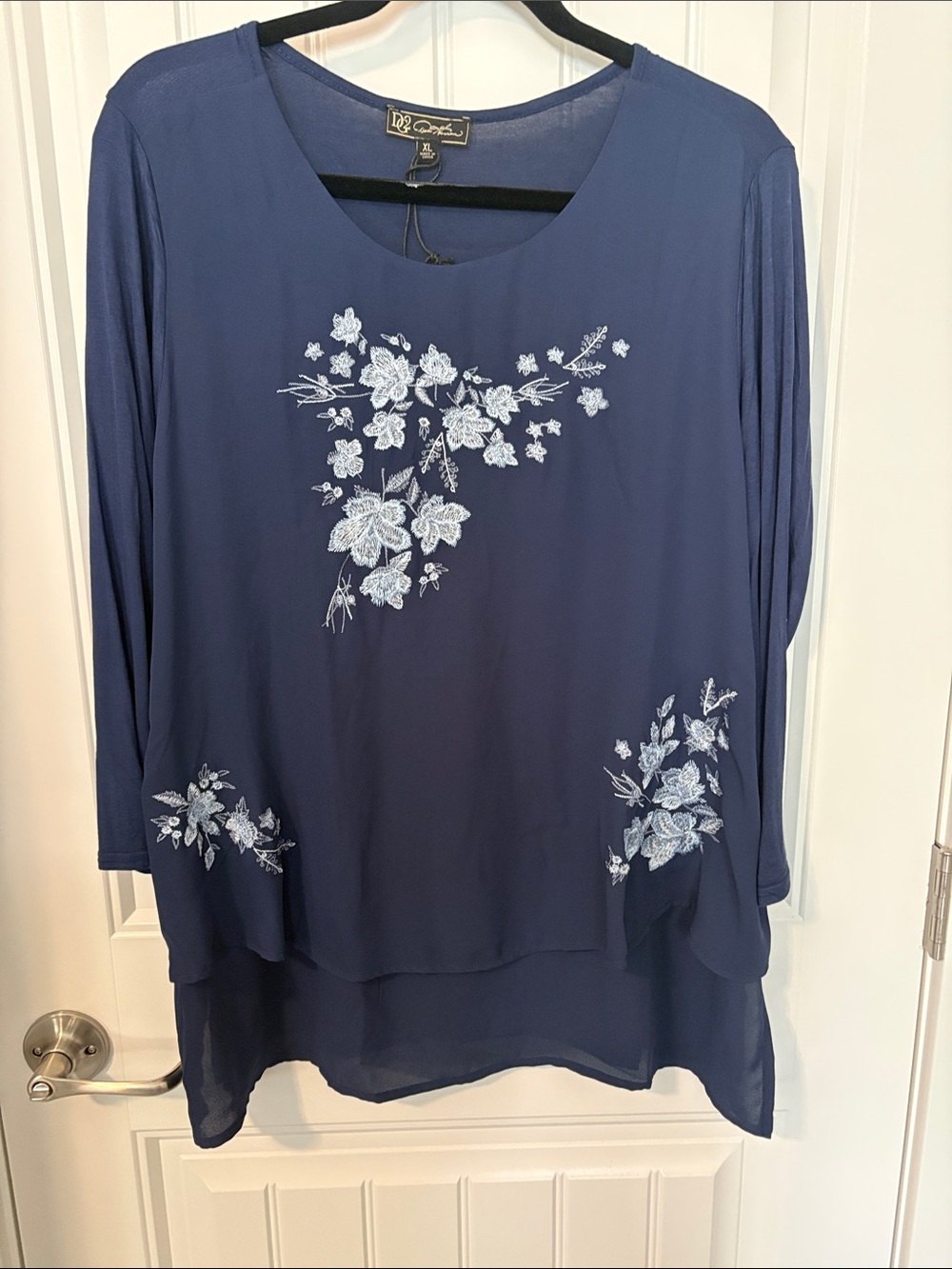 DG2 by Diane Gilman Navy Blue Layered Tunic with White Floral Embroidery